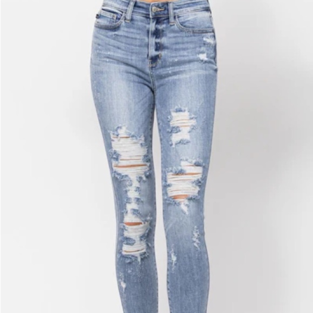 Kady Hi-Rise Bleach Splash Destroyed Skinny Judy Blue Jeans